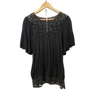 Bizz Black Cut Out Lace Scalloped Draped Flutter Short Sleeve Blouse Top Large